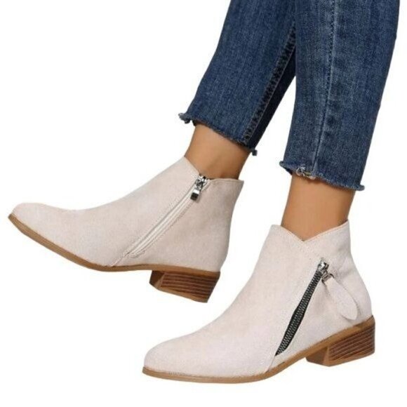 Chunky Heel Side Zip Faux Suede Ankle Boots - Picture 1 of 13